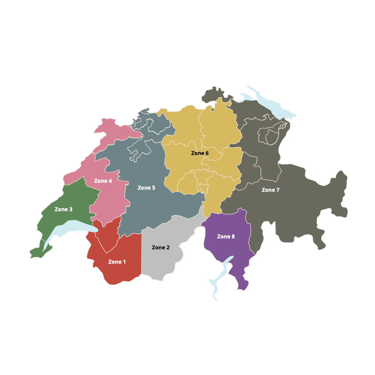 Carte des 8 zones ROGEX en Suisse